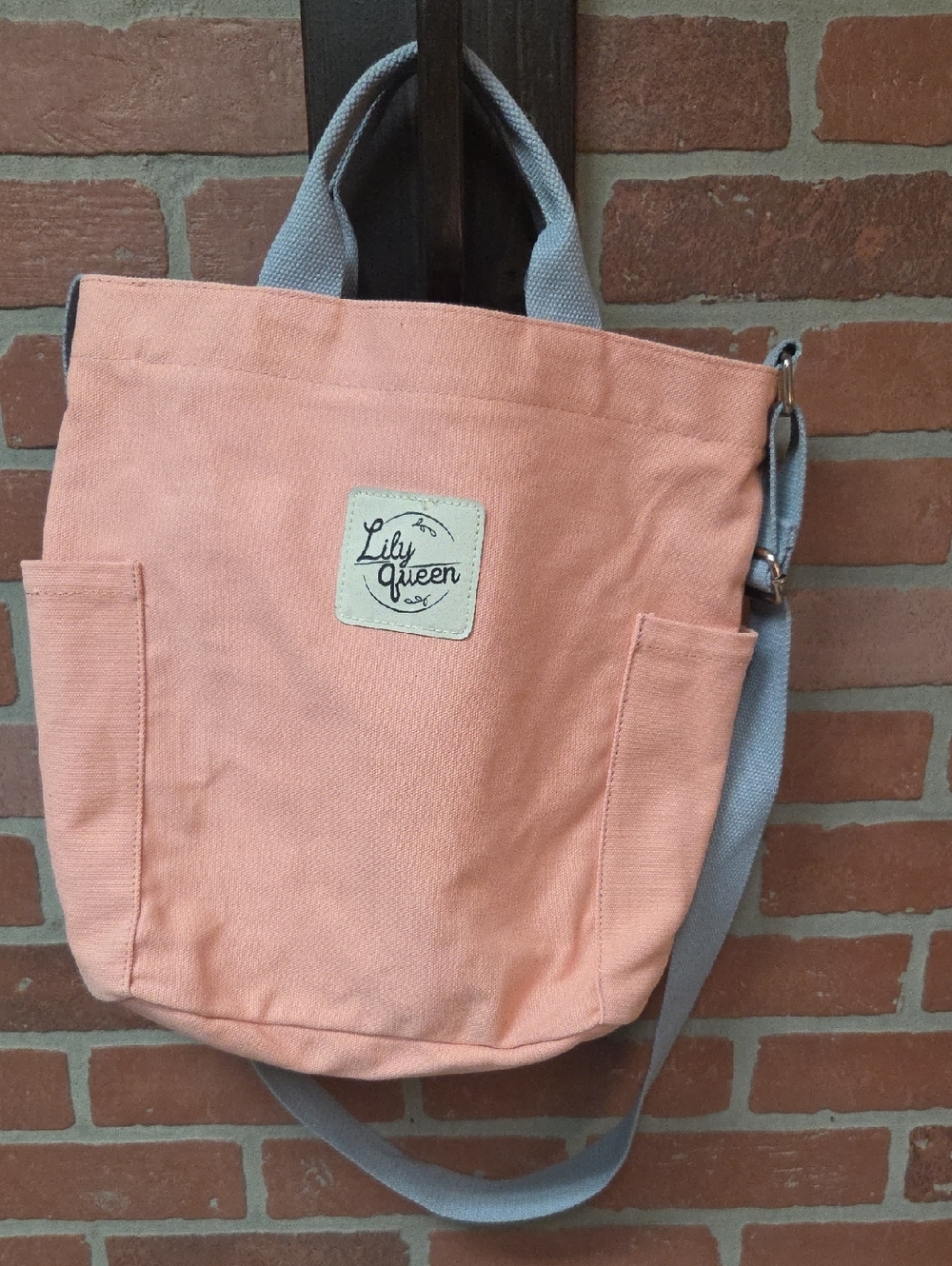 Peach Canvas Crossbody Tote with Gray Strap